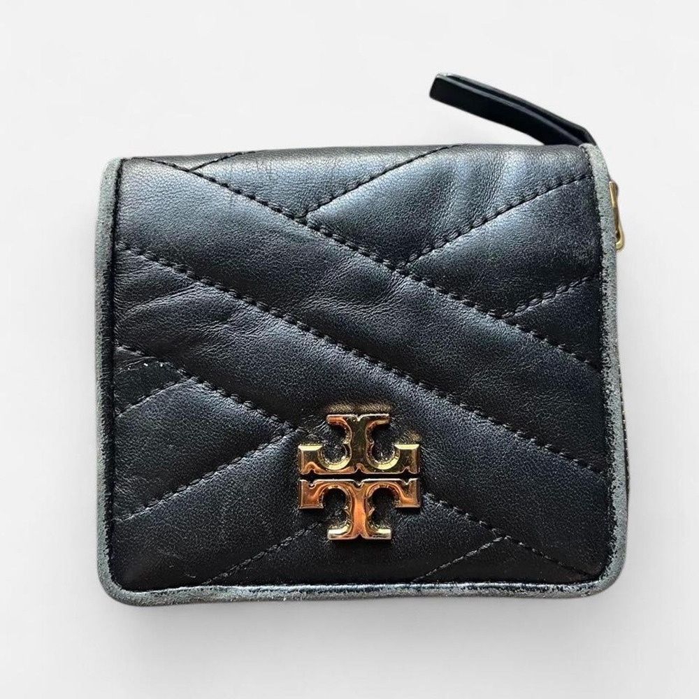 Tory Burch Kira Chevron Bi-Fold Wallet Black Quilted Leather Gold Hardware